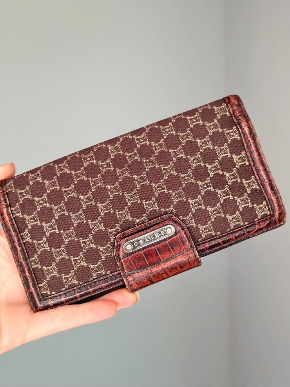 Vintage Celine Macadam Monogram Long Wallet – Croc-Embossed Leather
